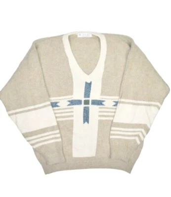 Vintage Casablanca Sweater Mens L arge 40 Angora V Neck Oswal Knit Rabbit Fur - Image 1 of 4