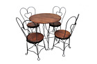 Vintage Twisted Metal and Oak Ice Cream Parlor Table With 4 Heart Back Chairs