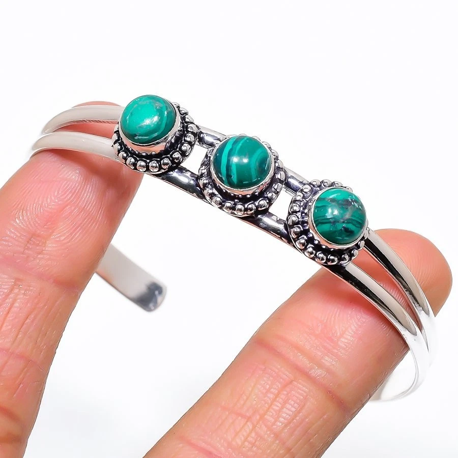 Green Malachite Gemstone Handmade 925 Sterling Silver Adjustable Cuff Bracelet - Image 1 of 1