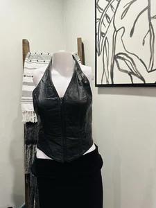 Vintage 90s Wilson's Leathers Black Full Zip Leather Halter Biker Top Women’s M - Picture 1 of 7