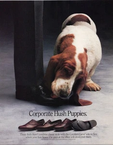 Hush Puppies 1989 Anuncio Impreso Corporativo Comodidad Curva Cuerpo Zapatos Basset Perro - Imagen 1 de 1