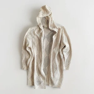 Artelier Nicole Miller Cardigan Sz 2X Cream Crochet Hooded Boho Open Frnt Chunky - Picture 1 of 15