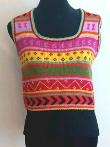 1970s Rainbow Wool Sweater Vest Hippie Crop Jumper Festival 32" Bust Vintage M - Picture 1 of 4