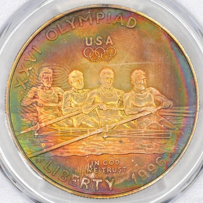 1996 $1 Commemorative Silver Dollar Rowing PCGS MS68 - Lovely Rainbow Toning - Image 1 of 4