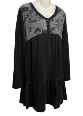 Sacred Threads Dress Size Large Fun Artsy Black Floral Knit Pullover Ruffled Hem - Image 1 of 4