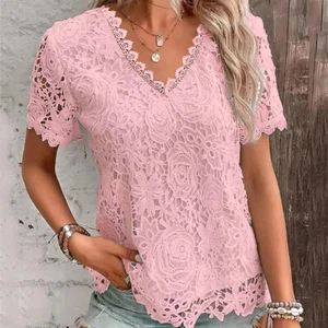 Women's V Neck Lace T Shirts Short Sleeves Casual Loose Blouse Tunic Tops Tees// - Picture 1 of 24