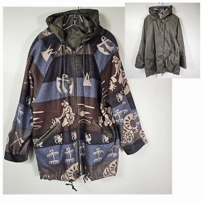 VTG Current Seen Reversible Southwestern Parka Coat M Hooded Brown Blue Aztec - Image 1 of 4
