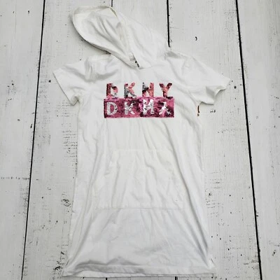 DKNY Kids Girls Size 8-10 NEW White Reversible Sequins T-Shirt Dress w Hood - Image 1 of 3