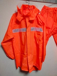 Dull shiny orange rainsuits set hooded jacket and pants PVC vinyl suits - Picture 1 of 20