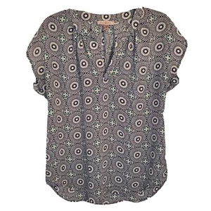 Roz & Ali Womens Multi Color Navy Blue Short Sleeve Pattern V Neck Top SZ M - Picture 1 of 10