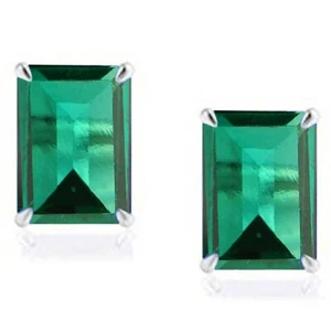 2.80Ct Rectangle Cut Natural Zambian Emerald Women's Studs In 14KT White Gold - Picture 1 of 1