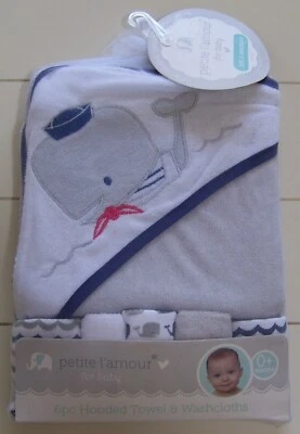 Petite L'Amour 6 Pc White Blue Grey Whale Wave Solid Hooded Towel & Washcloths - Image 1 of 2