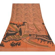 Sanskriti Vintage Brown Indian Sarees Pure Silk Printed Sari 5Yd Craft Fabric