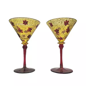 Juego 2 vasos de cristal Martini pintados a mano Royal Danube Rumania flores rojas doradas - Imagen 1 de 9