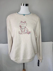 Hasting And Smith Large Beige Sweatshirt Embroidered Kitty Cotton Women Studded - Picture 1 of 7