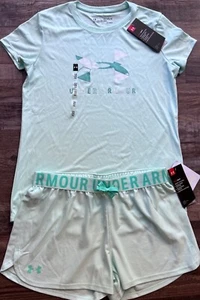 NWT Under Armour YXL Girls Mint Green/White/Teal Glitter Big Logo Shorts Set - Picture 1 of 5