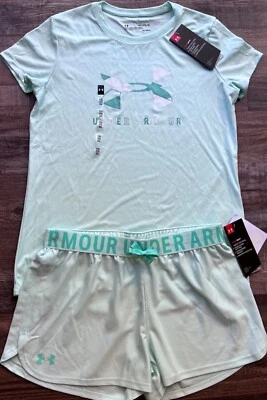 Nuevo con etiquetas Conjunto de Pantalones Cortos Under Armour YXL Niñas Verde Menta/Blanco/Verde azulado Brillo Logo Grande Foto 1 de 4