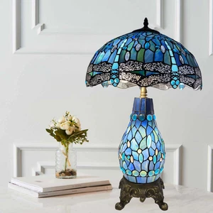 Blue & Black Tiffany Style Table Clustered Lamp For Home Decor Bedroom Glass - Picture 1 of 12