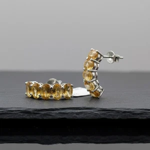 Natural Yellow Citrine Half Hoop Earrings Sterling Silver Wedding Jewelry Women - Picture 1 of 18
