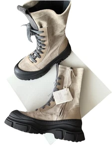 Botas de Combate Brunello Cucinelli Gamuza Beige Con Cordones Cremallera Lateral Suela Talla 37 IT/7 - Imagen 1 de 12