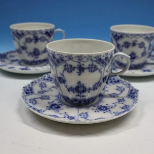 Royal Copenhagen Blue Fluted Full Lace -1035 - 3 Flat Cups and Saucers - Picture 1 of 8