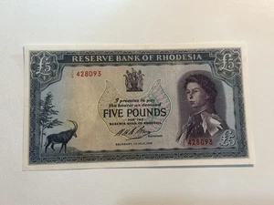 RHODESIA 5 POUND 1966 P29 QEII J/3 PREFIX XF+ EF+ WMK C. RHODES ZIMBABWE CRISP - Picture 1 of 7