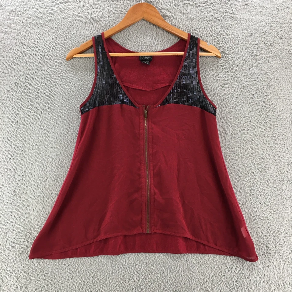 Camiseta sin mangas con hebilla Daytrip con cremallera para mujer pequeña granate negra lentejuelas cuello en V Foto 1 de 4