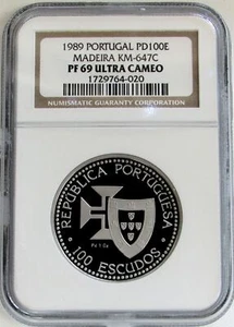 1989 PALLADIUM PORTUGAL 100 ESCUDOS MADEIRA NGC PROOF 69 ULTRA CAMEO - Picture 1 of 2