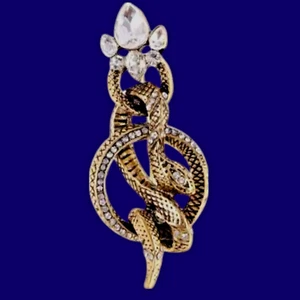 BRASS/GOLD TONE COILED SNAKE BROOCH art nouveau-inspired serpent crystal pin C1 - Picture 1 of 5