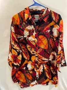 Chico's Linen Button Front Blouse Tunic Orange Size 3 (XL, 16) Floral Qtr Sleeve - Picture 1 of 3