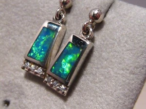 Opal & Diamond Stud Earrings , Solid 14 k white Gold - Picture 1 of 13