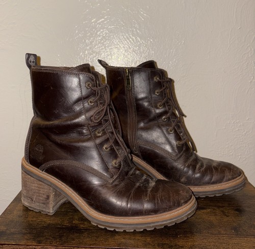 Timberland Boots Womens 8 Lace Up Zip Brown Leather A24TW Scuffed Heel See Photo