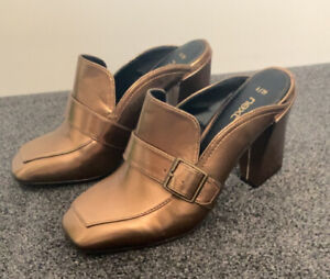 NEXT Metallic Gold Block Heel Slip On Ladies Shoes Buckle Detail UK Size 6