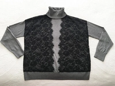 Halogen Size L Women's Gray Turtleneck Sweater Embellished with Black Lace EUC - Image 1 of 4