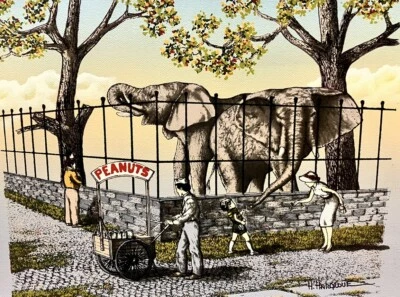 Pasarela adoquinada H Hargrove 8x10 lona cacahuetes elefantes zoológico niños años 50’s Foto 1 de 4