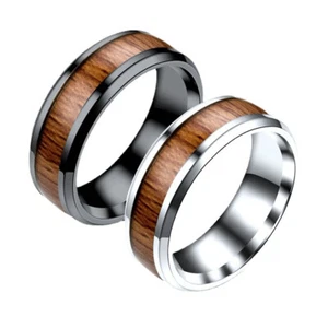 Retro-Herren-/Damen-Edelstahlringe Im Holzstil Breite Band-Paarringe 🔥 - Photo 1/11