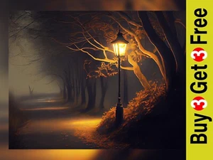 Dark night time road illuminate by street lamps, print of oil painting 5" x 7" - Picture 1 of 9