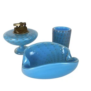 3 Piece Murano Smoke Set Alfredo Barbini Bullicante Blue Gold Flecks With Insert - Picture 1 of 12