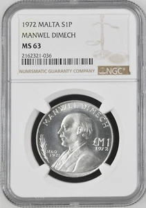 1972 MALTA Manwel Dimech Pound Silver Coin NGC MS63 - Picture 1 of 6