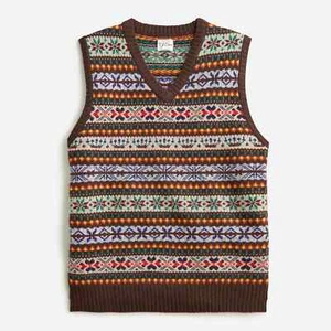 J. CREW Men's Lambswool Fair Isle Sweater-Vest Chocolate Brown - NEW NWT - Picture 1 of 3