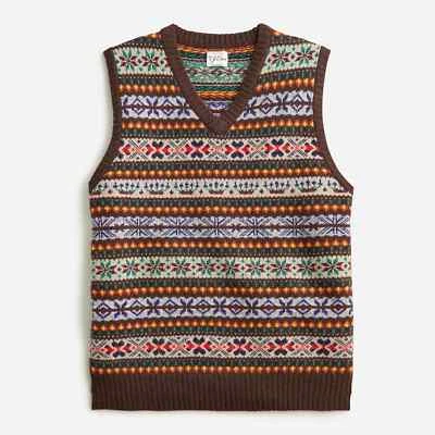 J. CREW Men's Lambswool Fair Isle Sweater-Vest Chocolate Brown - NEW NWT - Image 1 of 3