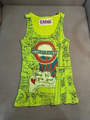 Camiseta sin mangas rara Y2K Custo Barcelona gráfica talla 2 verde neón estampado subterráneo Foto 1 de 4