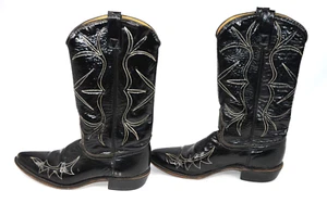 ACME Cowboy Boots Black PATENT LEATHER Shiny Women 7A White Stitching Vtg Star - Picture 1 of 8