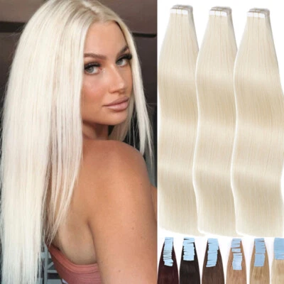 Tape In 100% Real Remy Human Hair Extensions Skin Weft THICK White Blonde 40pcs - Image 1 of 4