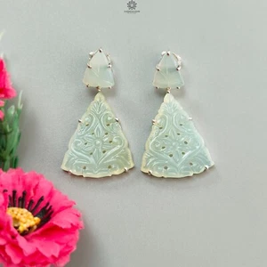 13.00gms Green Onyx Carving 925 Sliver Prong Set Push Back Stud Earring 2" - Picture 1 of 6