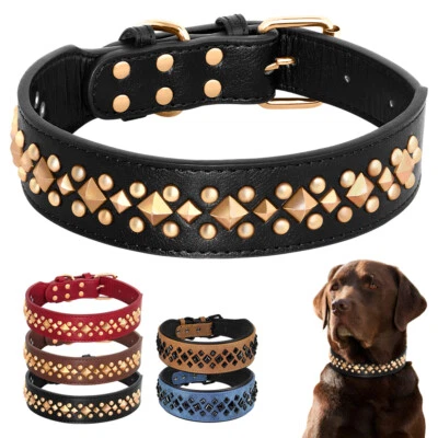Rivet Studded Pet Dog Collar Soft Leather Padded Adjustable for Medium Large Dog - Image 1 of 4