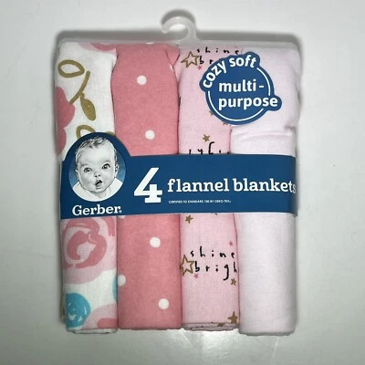 Pacote com 4 cobertores de flanela de algodão Gerber Baby Girl pontos rosa florais 30”X30” - Imagem 1 de 2
