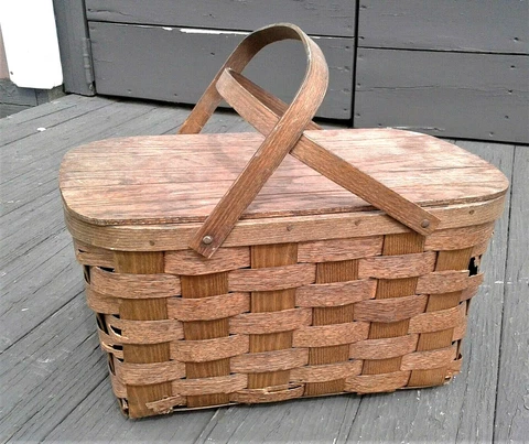Vintage Basketville Putney Vermont Woven Wood Picnic Basket with 2 Top Handles Cover