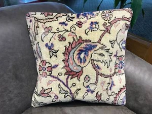 Handmade Sofa Decor Cushion - Floral Wool Neutral Pillow Cover - 20x20 inc - Picture 1 of 10