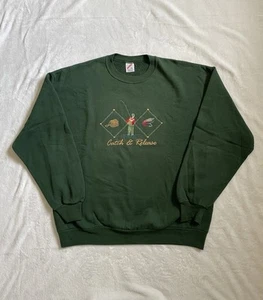 Vintage Jerzees Crewneck Mens XL Green 90’s Catch and Release Fishing Sweatshirt - Picture 1 of 9